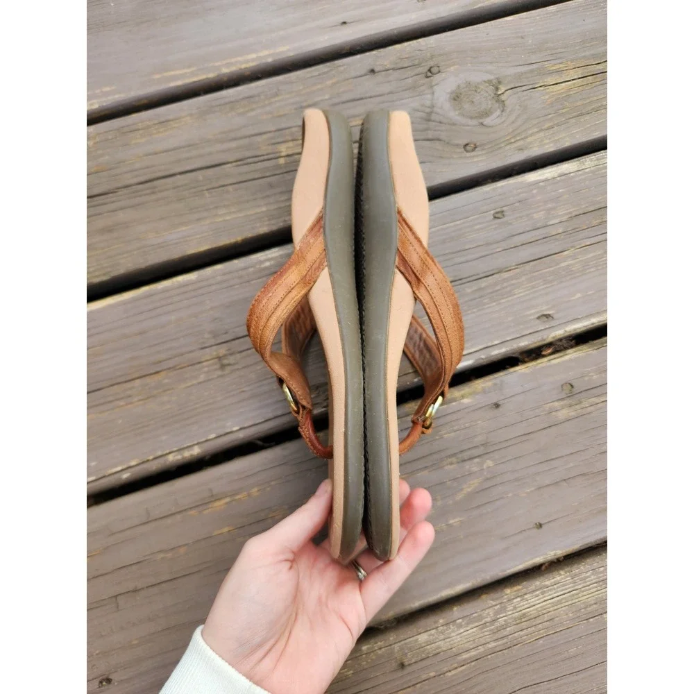 Vionic Aloe Thong Sandals Tan Leather Gold‎ Ring Orthopedic Size 11
